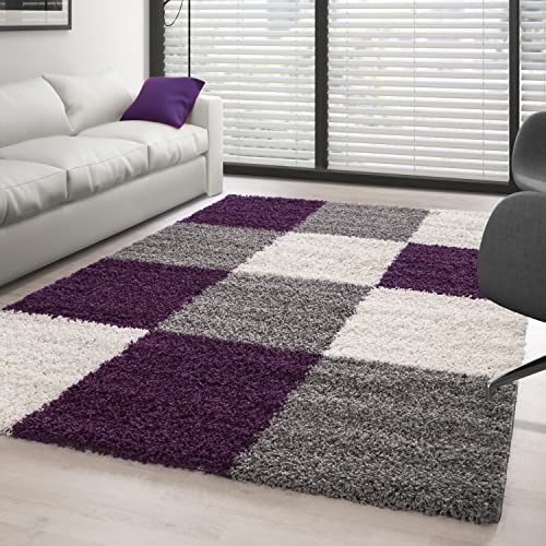 Carpettex Hochflor Teppich - Wohnzimmer Shaggy Flokati Modern Kariert Design 160 x 230 cm Violett - Schlafzimmer Weich Flauschig Waschbar - Küche Esszimmer Langflor von Carpettex Teppich