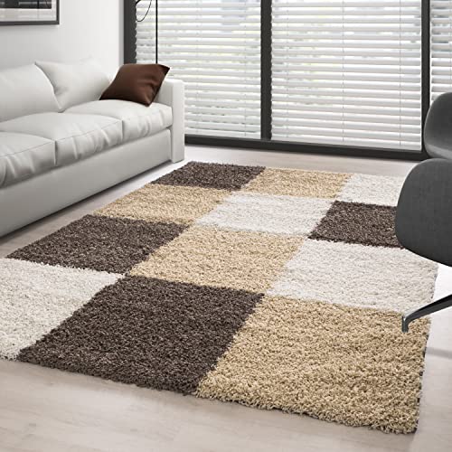 Carpettex Hochflor Teppich Wohnzimmer Shaggy Flokati Teppich Modern Kariert Design 200 x 290 cm Mokka - Teppich Schlafzimmer Weich Flauschig Waschbar Teppich Küche Esszimmer - Langflor Teppiche von Carpettex Teppich