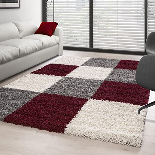 Carpettex Hochflor Teppich Wohnzimmer Shaggy Flokati Teppich Modern Kariert Design 200 x 290 cm Rot - Teppich Schlafzimmer Weich Flauschig Waschbar Teppich Küche Esszimmer - Langflor Teppiche von Carpettex Teppich