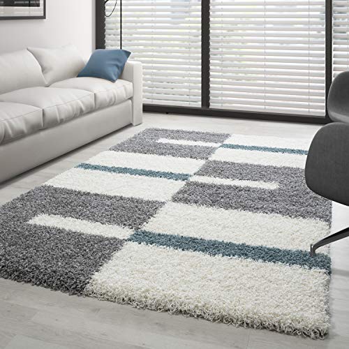 Carpettex Hochflor Teppich Wohnzimmer Shaggy Flokati Teppich Modern Kariert Design 200 x 290 cm Türkis - Teppich Schlafzimmer Weich Flauschig Waschbar Teppich Küche Esszimmer - Langflor Teppiche von Carpettex Teppich