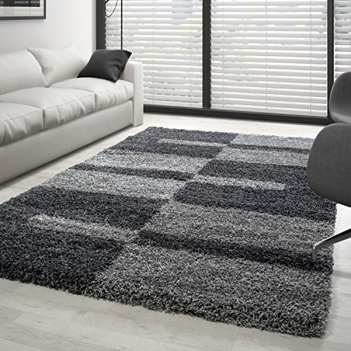 Carpettex Hochflor Teppich Wohnzimmer Shaggy Flokati Teppich Modern Kariert Design 280 x 370 cm Grau - Teppich Schlafzimmer Weich Flauschig Waschbar Teppich Küche Esszimmer - Langflor Teppiche von Carpettex Teppich