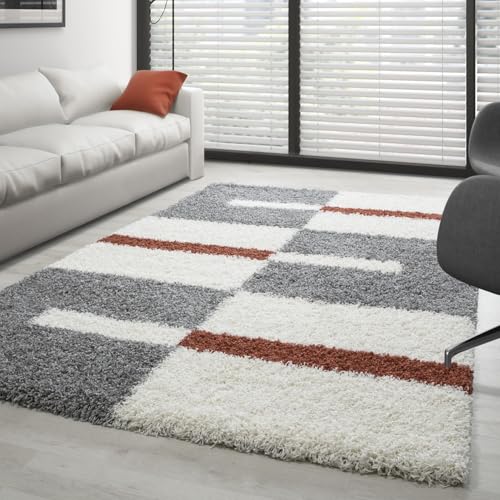 Carpettex Hochflor Teppich Wohnzimmer Shaggy Flokati Teppich Modern Kariert Design 280 x 370 cm Terrakotta - Teppich Schlafzimmer Weich Flauschig Waschbar Teppich Küche Esszimmer - Langflor Teppiche von Carpettex Teppich