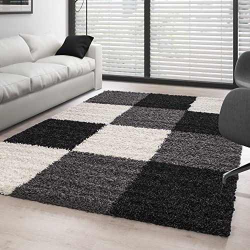 Carpettex Hochflor Teppich - Wohnzimmer Shaggy Flokati Modern Kariert Design 80 x 250 cm - Flur Läufer Schwarz - Bettvorleger Schlafzimmer Weich Flauschig Waschbar Küchenläufer Carpettex Hochflor Teppich - Wohnzimmer Shaggy Flokati Modern Kariert Design 80 x 250 cm - Flur Läufer Schwarz - Bettvorleger Schlafzimmer Weich Flauschig Waschbar Küchenläufer von Carpettex Teppich
