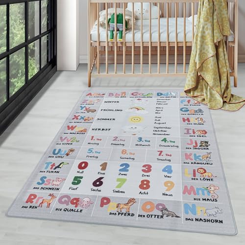 Kinderteppich Jungen oder Mädchen Alphabet Buchstaben Teppich Kinderzimmer Spielteppich rutschfest Waschbar, Farbe: Grau, Größe: 160 x 230 cm von Carpettex Teppich