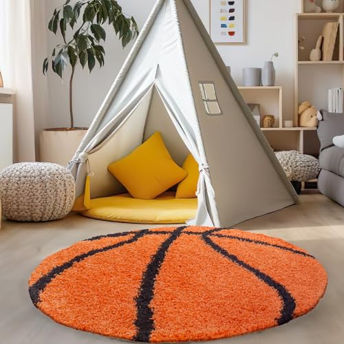 Carpettex Kinderteppich Basketball Design Orange 100 cm Rund - Hochflor Teppich Kinderzimmer für Mädchen und Jungen Super Weich Flauschig - Runder Spielteppich Babyteppich Gaming Teppich Babyzimmer von Carpettex Teppich