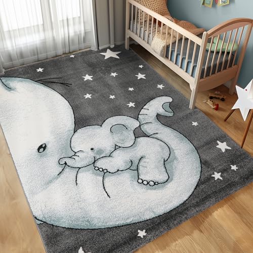 Carpettex Kinderteppich Elefant Design Blau 140 x 200 cm - Kurzflor Teppich Kinderzimmer für Mädchen und Jungen Pflegeleicht Weich - Waschbarer Spielteppich Babyteppich Gaming Teppich Babyzimmer von Carpettex Teppich