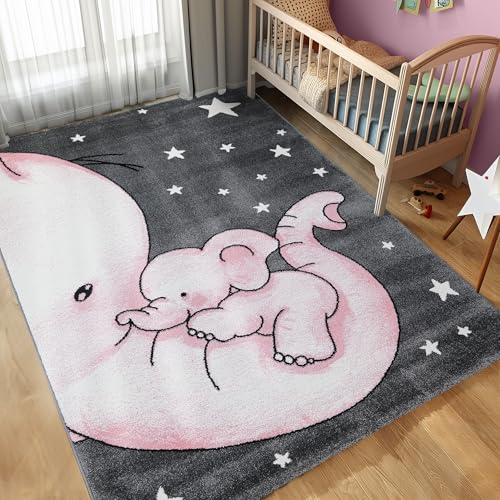 Carpettex Kinderteppich Elefant Design Pink 160 x 230 cm - Kurzflor Teppich Kinderzimmer für Mädchen und Jungen Pflegeleicht Weich - Waschbarer Spielteppich Babyteppich Gaming Teppich Babyzimmer von Carpettex Teppich