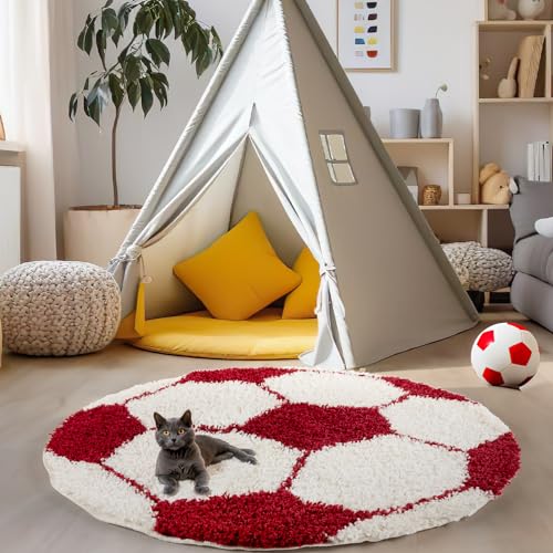 Carpettex Kinderteppich Fußball-Design Rot 120 cm Rund - Hochflor Teppich Kinderzimmer für Mädchen und Jungen Super Weich Flauschig - Runder Spielteppich Babyteppich Gaming Teppich Babyzimmer von Carpettex Teppich