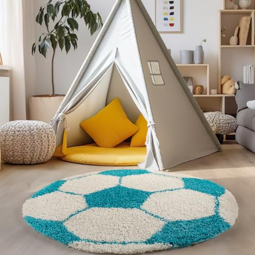 Hochflor Kinder Teppich Fußball-Form Kinderzimmer Flauschig Super Weich, Farbe: Türkis, Größe: 100 cm Rund von Carpettex Teppich