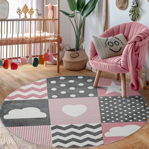 Carpettex Kinderteppich Herz-Stren Karo Design Pink 160 cm Rund - Kurzflor Teppich Kinderzimmer für Mädchen und Jungen Pflegeleicht - Waschbarer Spielteppich Babyteppich Gaming Teppich Babyzimmer Carpettex Kinderteppich Herz-Stren Karo Design Pink 160 cm Rund - Kurzflor Teppich Kinderzimmer für Mädchen und Jungen Pflegeleicht - Waschbarer Spielteppich Babyteppich Gaming Teppich Babyzimmer von Carpettex Teppich