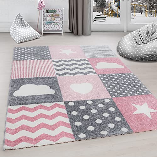 Carpettex Kinderteppich Herz-Stren Karo Design Pink 160 x 230 cm - Kurzflor Teppich Kinderzimmer für Mädchen und Jungen Pflegeleicht - Waschbarer Spielteppich Babyteppich Gaming Teppich Babyzimmer von Carpettex Teppich