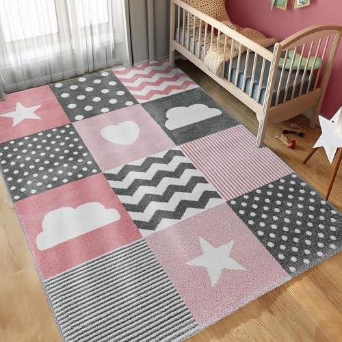 Carpettex Kinderteppich Herz-Stren Karo Design Pink 160 x 230 cm - Kurzflor Teppich Kinderzimmer für Mädchen und Jungen Pflegeleicht - Waschbarer Spielteppich Babyteppich Gaming Teppich Babyzimmer von Carpettex Teppich