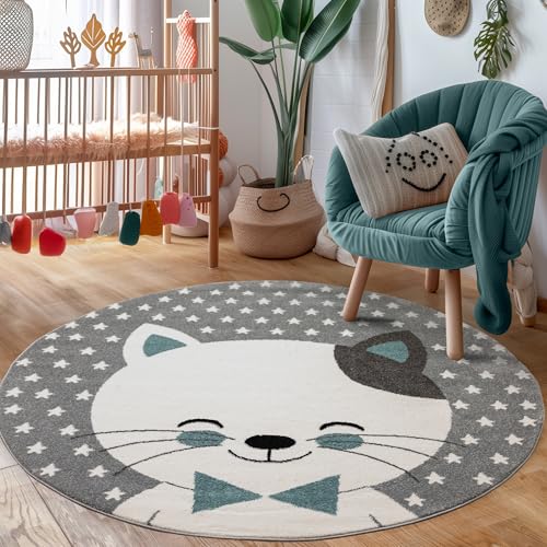 Carpettex Kinderteppich Katze Design Blau 120 cm Rund - Kurzflor Teppich Kinderzimmer für Mädchen und Jungen Pflegeleicht Weich - Waschbarer Spielteppich Babyteppich Gaming Teppich Babyzimmer von Carpettex Teppich