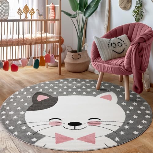 Carpettex Kinderteppich Katze Design Pink 160 cm Rund - Kurzflor Teppich Kinderzimmer für Mädchen und Jungen Pflegeleicht Weich - Waschbarer Spielteppich Babyteppich Gaming Teppich Babyzimmer von Carpettex Teppich