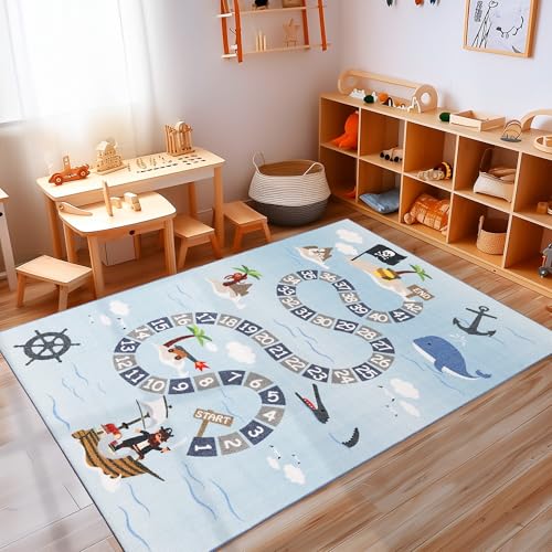 Carpettex Kinderteppich Piraten-Design Blau 100 x 150 cm - Kurzflor Teppich Kinderzimmer für Mädchen und Jungen rutschfest Weicher Flor - Waschbarer Spielteppich Babyteppich Gaming Teppich Babyzimmer von Carpettex Teppich