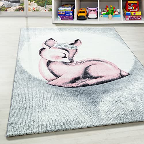 Carpettex Kinderteppich Rehkitz Design Pink 80 x 150 cm Laüfer - Kurzflor Teppich Kinderzimmer Mädchen und Jungen Pflegeleicht Weicher Flor - Flur Spielteppich Babyteppich Gaming Teppich Babyzimmer von Carpettex Teppich