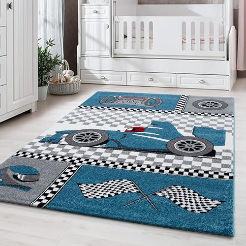 Carpettex Kinderteppich Rennwagen Design Blau 160 cm Rund - Kurzflor Teppich Kinderzimmer für Mädchen und Jungen Pflegeleicht Weich - Waschbarer Spielteppich Babyteppich Gaming Teppich Babyzimmer von Carpettex Teppich