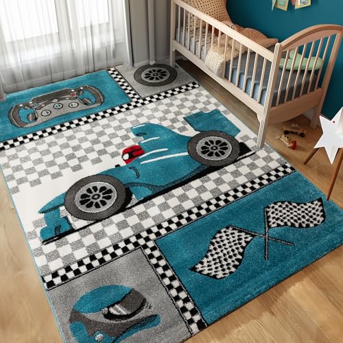 Carpettex Kinderteppich Rennwagen Design Blau 160 x 230 cm - Kurzflor Teppich Kinderzimmer für Mädchen und Jungen Pflegeleicht Weich - Waschbarer Spielteppich Babyteppich Gaming Teppich Babyzimmer von Carpettex Teppich