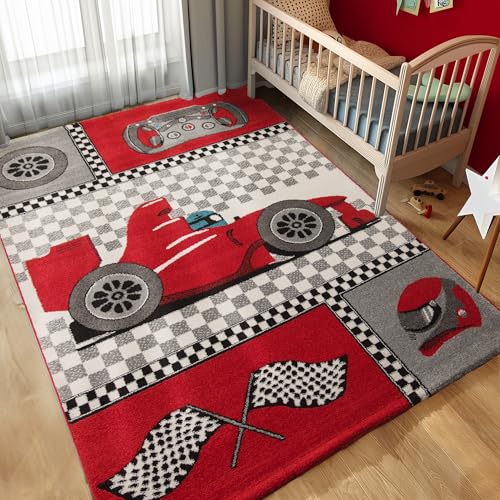 Carpettex Kinderteppich Rennwagen Design Rot 120 x 170 cm - Kurzflor Teppich Kinderzimmer für Mädchen und Jungen Pflegeleicht Weich - Waschbarer Spielteppich Babyteppich Gaming Teppich Babyzimmer von Carpettex Teppich