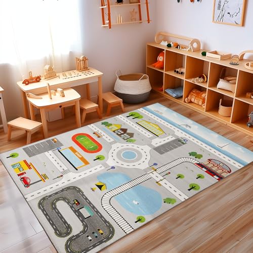 Carpettex Kinderteppich Straßenteppich Grau 120 x 170 cm - Kurzflor Teppich Kinderzimmer für Mädchen und Jungen rutschfest Weicher Flor - Waschbarer Spielteppich Babyteppich Gaming Teppich Babyzimmer von Carpettex Teppich