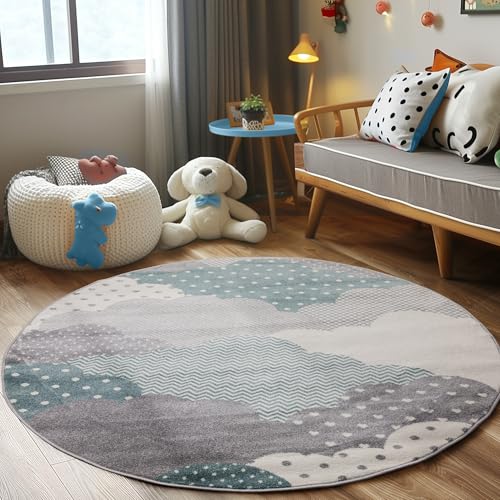 Carpettex Kinderteppich Wolken Design Blau 160 cm Rund - Kurzflor Teppich Kinderzimmer für Mädchen und Jungen Pflegeleicht Weicher Flor - Spielteppich Babyteppich Gaming Teppich Babyzimmer Runder von Carpettex Teppich