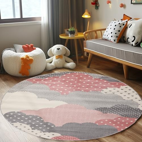 Carpettex Kinderteppich Wolken Design Pink 160 cm Rund - Kurzflor Teppich Kinderzimmer für Mädchen und Jungen Pflegeleicht Weicher Flor - Spielteppich Babyteppich Gaming Teppich Babyzimmer Runder von Carpettex Teppich