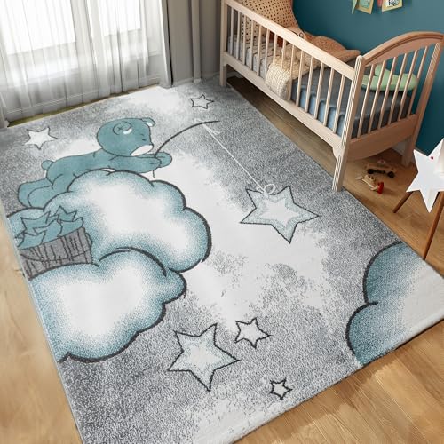 Kinderteppich Junge süße Bär Design Babyzimmer Teppich Kinderzimmer Pflegeleicht, Farbe: Blau, Größe: 160 x 230 cm von Carpettex Teppich