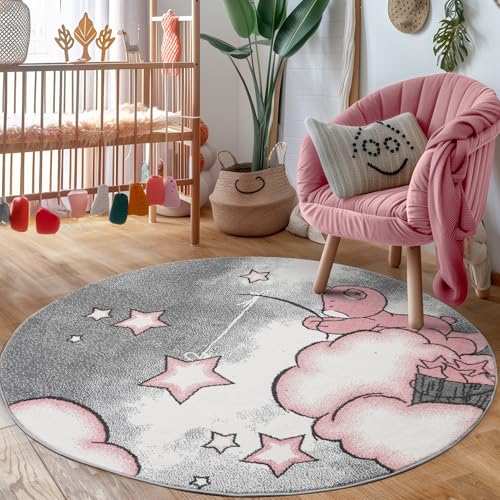 Kinderteppich Mädchen süße Bär Design Babyzimmer Teppich Kinderzimmer Pflegeleicht, Farbe: Pink, Größe: 160 cm Rund von Carpettex Teppich