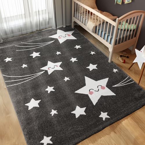 Carpettex Kinderteppich süße Stern Design Grau 80 x 150 cm Läufer - Kurzflor Teppich Kinderzimmer für Mädchen Jungen Pflegeleicht Weich - Waschbarer Spielteppich Babyteppich Gaming Teppich Babyzimmer von Carpettex Teppich