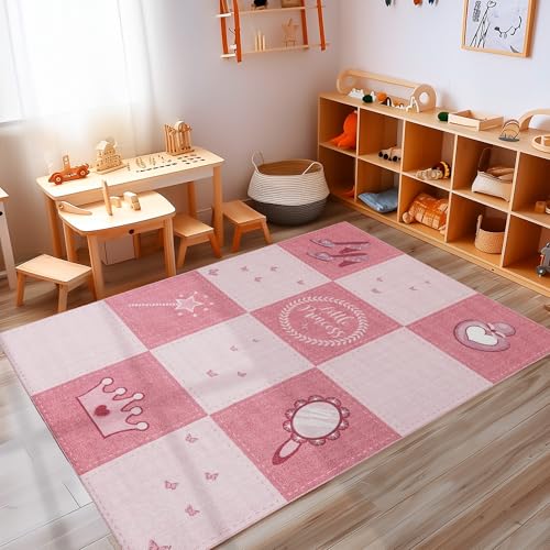 Carpettex Kurzflor Kinderteppich Mädchen und Jungen 80 x 120 cm Pink - Prinzessin Design Teppich Extra Weich und Antiallergen - Waschbarer Teppich für Kinderzimmer, Babyzimmer und Spielzimmer von Carpettex Teppich