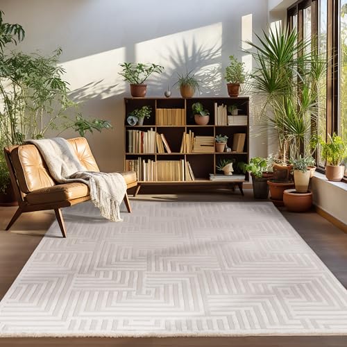 Carpettex Kurzflor Teppich Läufer Flur Wohnzimmerteppich Beige 80 x 150 cm Teppich Skandinavisch Stil Teppich 3D Effekt - Waschbarer Bettvorleger Schlafzimmer Küchenläufer Geometrisches Muster Weich von Carpettex Teppich