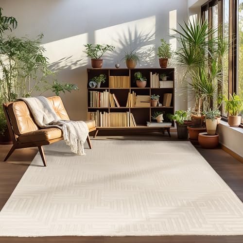 Carpettex Kurzflor Teppich Läufer Flur Wohnzimmerteppich Creme 80 x 150 cm Teppich Skandinavisch Stil Teppich 3D Effekt - Waschbarer Bettvorleger Schlafzimmer Küchenläufer Geometrisches Muster Weich von Carpettex Teppich