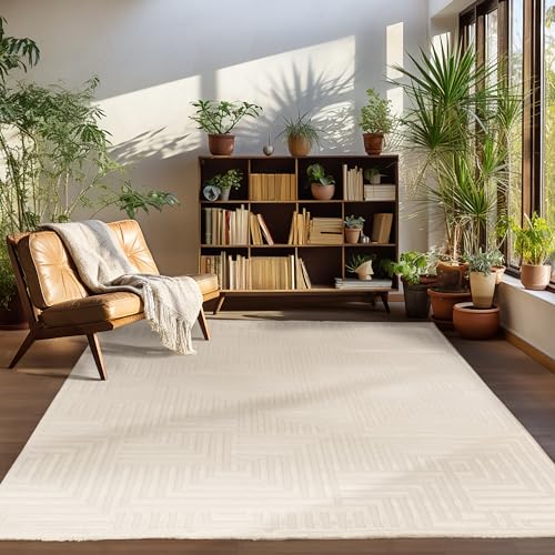 Carpettex Kurzflor Teppich Läufer Flur Wohnzimmerteppich Creme Teppich Skandinavisch Stil Teppich 3D Effekt 80 x 250 cm - Waschbarer Bettvorleger Schlafzimmer Küchenläufer Geometrisches Muster Weich von Carpettex Teppich