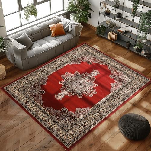 Carpettex Kurzflor Orientalischer Teppich - Klassisch Optik Webteppich Rot 120 x 170 cm - Vintage Wohnzimmerteppich Schlafzimmer Waschbar von Carpettex Teppich