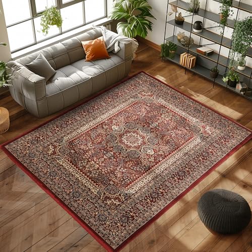 Carpettex Kurzflor Orientalischer Teppich - Klassisch Optik Webteppich Rot 160 x 230 cm - Vintage Wohnzimmerteppich Schlafzimmer Weich Waschbar Küchenteppich von Carpettex Teppich