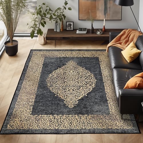 Waschbarer Teppich Flachgewebe Robust Barock Design Vintage Optik rutschfest Teppich Wohnzimmer, Farbe: Schwarz, Größe: 200 x 290 cm von Carpettex Teppich
