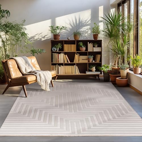 Carpettex Kurzflor Teppich Wohnzimmer Beige Teppich Skandinavisch Stil Großer Teppich 3D Effekt 240 x 340 cm - Waschbarer Teppich Schlafzimmer Küchenteppich Geometrisches Muster Weich und Flauschig von Carpettex Teppich