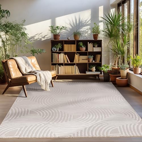 Carpettex Kurzflor Teppich Wohnzimmer Beige Teppich Skandinavisch Stil Teppich 3D Effekt Teppich 120 x 170 cm - Waschbarer Teppich Schlafzimmer Küchenteppich Boho Muster Weicher-Flauschiger Teppich von Carpettex Teppich