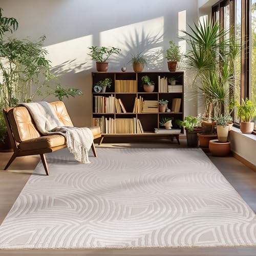 Carpettex Teppich Kurzflor Wohnzimmer Beige Skandinavisch Stil 3D Effekt 140 x 200 cm - Waschbarer Schlafzimmer Küchenteppich Boho Muster Weicher-Flauschiger von Carpettex Teppich