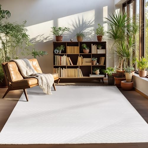 Carpettex Kurzflor Teppich Wohnzimmer Creme Teppich Skandinavisch Stil Großer Teppich 3D Effekt 240 x 340 cm - Waschbarer Teppich Schlafzimmer Küchenteppich Boho Muster Weicher und Flauschiger Teppich von Carpettex Teppich