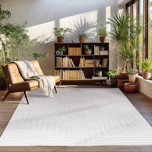 Carpettex Kurzflor Teppich Wohnzimmer Creme Teppich Skandinavisch Stil Teppich 3D Effekt Teppich 140 x 200 cm - Waschbarer Teppich Schlafzimmer Küchenteppich Geometrisches Muster Weich und Flauschig von Carpettex Teppich