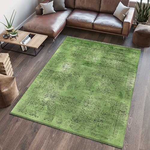 Carpettex Kurzflor Teppich Wohnzimmer Vintage Design Dünner Teppich Grün 80 x 150 cm - Waschbarer Teppich Schlafzimmer Viskose Optik Weicher Teppiche Esszimmer - Küchenläufer Läufer Wohnzimmerteppich von Carpettex Teppich