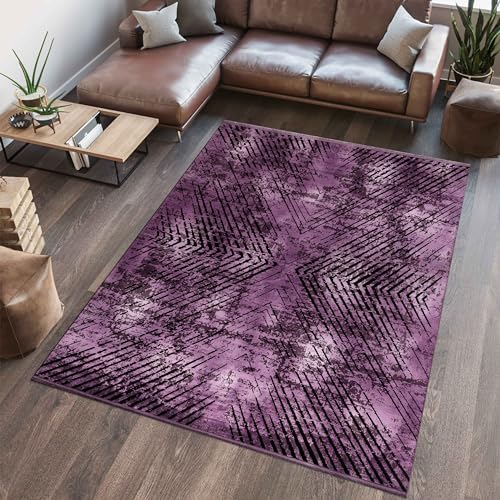 Carpettex Kurzflor Teppich Wohnzimmer Vintage Design Dünner Teppich Violett 120 x 170 cm - Waschbarer Teppich Schlafzimmer Viskose Optik Super Weicher Teppiche Esszimmer - Küchenteppich Carpet Halı von Carpettex Teppich