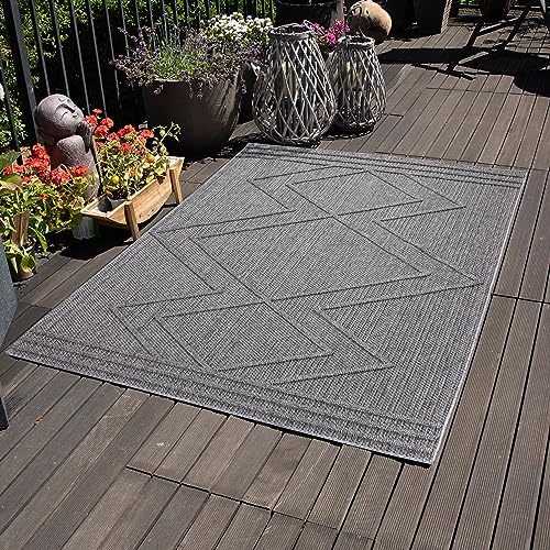 Carpettex Outdoor Teppich Wetterfest 140 x 200 cm Sisaloptik Grau - Ideal für Balkon, Garten, Terrasse, Camping und als Küchenteppich - Waschbarer Teppich, Boho Design, Flachgewebe von Carpettex Teppich