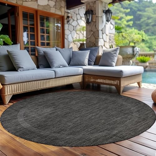 Carpettex Outdoor Teppich Wetterfest 160 cm Rund Sisal Optik Schwarz - Ideal für Balkon, Garten, Terrasse und als Küchenteppich - Draußen Teppich Waschbar, Flachgewebe, Wasserfest, Pflegeleicht von Carpettex Teppich