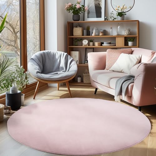 Carpettex Teppich Wohnzimmer Anti-Rutsch Teppich Waschbar in Waschmaschine 120 cm Rund Rosa - Moderner Flauschiger Kurzflor Teppich Extra Weich Schlafzimmer Küche Flur Esszimmer Kinderzimmer von Carpettex Teppich