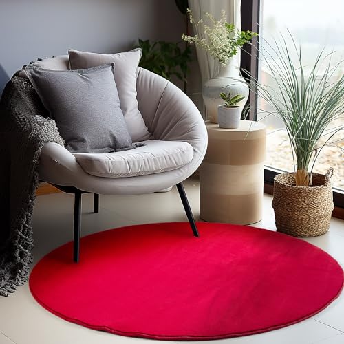 Carpettex Teppich Wohnzimmer Anti-Rutsch Teppich Waschbar in Waschmaschine 120 cm Rund Rot - Moderner Flauschiger Kurzflor Teppich Extra Weich Schlafzimmer Küche Flur Esszimmer Kinderzimmer von Carpettex Teppich