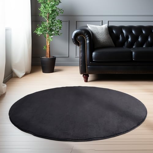 Carpettex Teppich Wohnzimmer Anti-Rutsch Teppich Waschbar in Waschmaschine 120 cm Rund Schwarz - Moderner Flauschiger Kurzflor Teppich Extra Weich Schlafzimmer Küche Flur Esszimmer Kinderzimmer von Carpettex Teppich