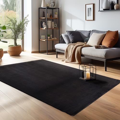 Carpettex Teppich Wohnzimmer Anti-Rutsch Teppich Waschbar in Waschmaschine 140 x 200 cm Schwarz - Moderner Flauschiger Kurzflor Teppich Extra Weich Schlafzimmer Küche Flur Esszimmer Kinderzimmer von Carpettex Teppich