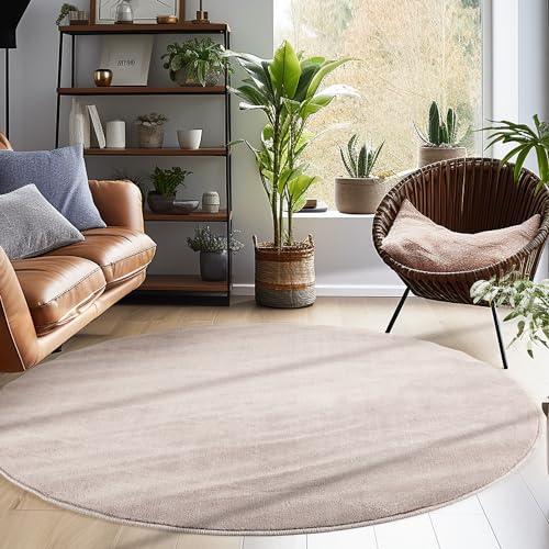 Carpettex Teppich Wohnzimmer Anti-Rutsch Teppich Waschbar in Waschmaschine 160 cm Rund Beige - Moderner Flauschiger Kurzflor Teppich Extra Weich Schlafzimmer Küche Flur Esszimmer Kinderzimmer von Carpettex Teppich